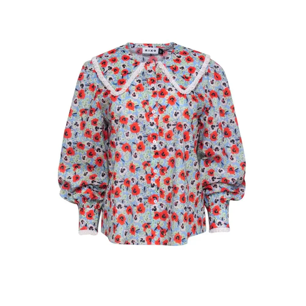 Rixo - Blue Floral Print Peasant Collar Button Up Shirt Sz S
